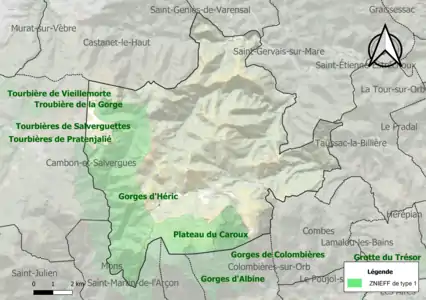 Carte des ZNIEFF de type 1 sur la commune.