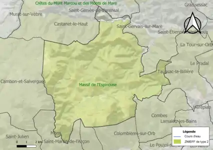 Carte de la ZNIEFF de type 2 sur la commune.