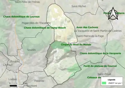 Carte des ZNIEFF de type 1 sur la commune.