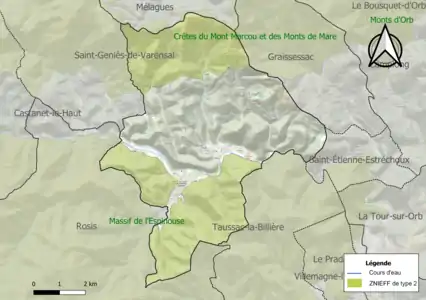 Carte des ZNIEFF de type 2 sur la commune.