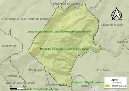 Carte des ZNIEFF de type 2 sur la commune.