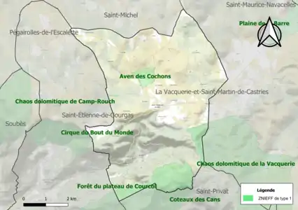 Carte des ZNIEFF de type 1 sur la commune.