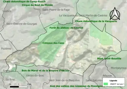 Carte des ZNIEFF de type 1 sur la commune.