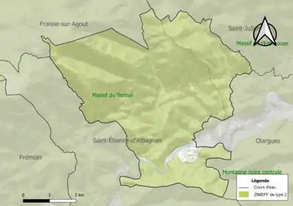 Carte des ZNIEFF de type 2 sur la commune.