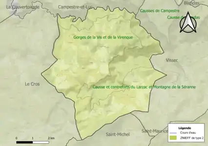 Carte des ZNIEFF de type 2 sur la commune.