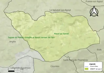 Carte des ZNIEFF de type 2 sur la commune.