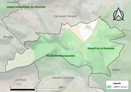 Carte des ZNIEFF de type 1 sur la commune.