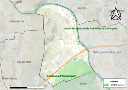 Carte des ZNIEFF de type 1 sur la commune.