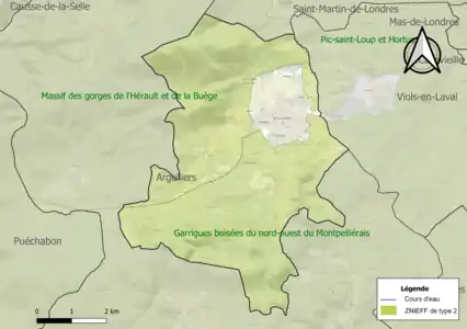 Carte des ZNIEFF de type 2 sur la commune.