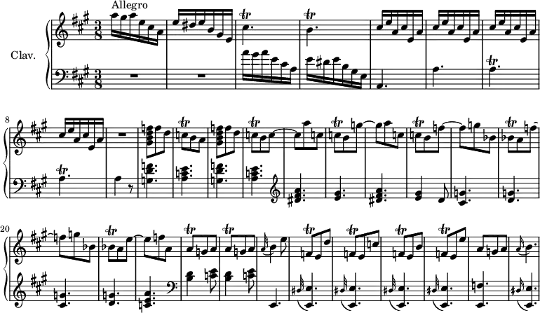 
\version "2.18.2"
\header {
  tagline = ##f
  % composer = "Domenico Scarlatti"
  % opus = "K. 62"
  % meter = "Allegro"
}
%% les petites notes
trillCispUp     = { \tag #'print { cis'4.\trill } \tag #'midi { d32 cis d cis~ cis4 } }
trillbpUp       = { \tag #'print { b4.\trill } \tag #'midi { cis32 b cis b~ b4 } }
trillAp         = { \tag #'print { a4.\trill } \tag #'midi { b32 a b a~ a4 } }
trillCq         = { \tag #'print { c8\trill } \tag #'midi { d32 c d c } }
trillBesq       = { \tag #'print { bes8\trill } \tag #'midi { c32 bes c bes } }
trillAq         = { \tag #'print { a8\trill } \tag #'midi { b32 a b a } }
trillFqDown     = { \tag #'print { f,8\trill } \tag #'midi { g32 f g f } }
trillFq         = { \tag #'print { f8\trill } \tag #'midi { g32 f g f } }
appoBp          = { \tag #'print { \appoggiatura a16 b4. } \tag #'midi { a8   \tempo 4. = 50 b4   \tempo 4. = 82 } }
upper = \relative c'' {
  \clef treble 
  \key a \major
  \time 3/8
  \tempo 4. = 82
  \set Staff.midiInstrument = #"harpsichord"
  \override TupletBracket.bracket-visibility = ##f
      s8*0^\markup{Allegro}
       a'16 gis a e cis a  e' dis e b gis e | \trillCispUp | \trillbpUp | \repeat unfold 4 { cis16 e a, cis e, a } |
      % ms. 9
      R4. | < gis b d f >8 f' d | \trillCq b a | 
      % ms. 12
      < gis b d f >8 f' d | \trillCq b c~ | c a' c, |  \trillCq b g'~ | g a c, |  \trillCq b f'~ |
      % ms. 18
      f8  g bes, | \trillBesq a8 f'~ | f g bes,8 | \trillBesq a8 e'~ | e  f a, | \trillAq g8 a |
      % ms. 24
      \trillAq g8 a | \appoggiatura a32 b4 e8 | \trillFqDown e8 d' | \trillFqDown e8 c' | \trillFqDown e8 b' | \trillFq e8 e' |
      % ms. 30
      a,8 g a | \appoBp |
}
lower = \relative c' {
  \clef bass
  \key a \major
  \time 3/8
  \set Staff.midiInstrument = #"harpsichord"
  \override TupletBracket.bracket-visibility = ##f
    % ************************************** \appoggiatura a16  \repeat unfold 2 {  } \times 2/3 { }   \omit TupletNumber 
      R4.*2 | a'16 gis a e cis a  e' dis e b gis e | a,4. |
      % ms. 6
      a'4. \trillAp \trillAp a4 r8 | \repeat unfold 2 { < g d' f >4. | < a c e > }
      % ms. 14
        \clef treble < dis fis a >4. < e gis > < dis fis a > < e gis >4 d8 |
      % ms. 18
      \repeat unfold 2 { < cis g' >4. < d g > } | < c e a >4.  |  \repeat unfold 2 { \clef bass <b d >4 < c e >8 } |
      % ms. 25
      e,,4. \repeat unfold 4 { \appoggiatura dis'32 < e, e' >4. }
      % ms. 30
      < e f' >4. \appoggiatura dis'16 < e, e' >4.
}
thePianoStaff = \new PianoStaff <<
    \set PianoStaff.instrumentName = #"Clav."
    \new Staff = "upper" \upper
    \new Staff = "lower" \lower
  >>
\score {
  \keepWithTag #'print \thePianoStaff
  \layout {
      #(layout-set-staff-size 17)
    \context {
      \Score
     \override SpacingSpanner.common-shortest-duration = #(ly:make-moment 1/2)
      \remove "Metronome_mark_engraver"
    }
  }
}
\score {
  \keepWithTag #'midi \thePianoStaff
  \midi { }
}
