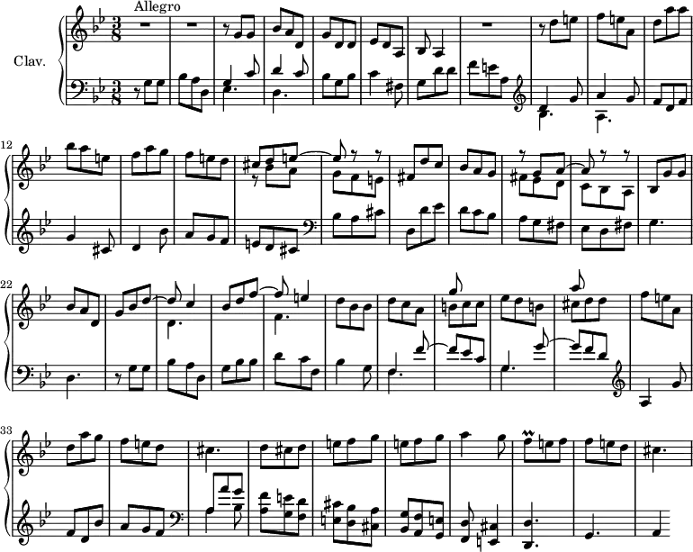 
\version "2.18.2"
\header {
  tagline = ##f
}
%% les petites notes
trillFq        = { \tag #'print { f8\prall } \tag #'midi { \times 2/3 { f16 g f~ } } }
upper = \relative c'' {
  \clef treble 
  \key g \minor
  \time 3/8
  \tempo 4. = 74
  \set Staff.midiInstrument = #"harpsichord"
  \override TupletBracket.bracket-visibility = ##f
     s8*0^\markup{Allegro}
     R4.*2 | r8 g8 g | bes a d, | g d d | ees d a | bes a4 | R4.
     % ms. 9
     r8 d'8 e | f e a, | d a' a | bes a e | f a g | f e d | << { cis8 d e~ | e r8 r8 } \\ { r8 bes a | g f e } >>
     % ms. 17
     fis8 d' c | bes a g | << { r8 g8 a~ a r8 r8 } \\ { fis ees d | c bes a } >> | bes8 g' g | bes a d, | << { g8 bes d~ | d c4 | bes8 d f~ | f e4 } \\ { s4. d,4. s4. f4. } >> |
     % ms. 27
      d'8 bes bes | d c a  | << { g'8 s4 s4. | a8 } \\ { b,8 c c | ees d b | cis d d } >> | f e a, |
     % ms. 33
     d8 a' g | f e d | cis4. | d8 cis d e f g e f g a4 g8 | \trillFq e8 f |
     % ms. 41
     f8 e d | cis4.
}
lower = \relative c' {
  \clef bass
  \key g \minor
  \time 3/8
  \set Staff.midiInstrument = #"harpsichord"
    % **************************************
     r8 g8 g | bes a d, << { g4 c8 | d4 c8 } \\ { ees,4. | d } >> bes'8 g bes | c4 fis,8 | g d' d | f e a, |   \clef treble 
     % ms. 9
     << { d4 g8 | a4 g8 } \\ { bes,4. | a } >> f'8 d f | g4 cis,8 | d4 bes'8 | a8 g f | e d cis |   \clef bass bes a cis |
     % ms. 17
     d,8 d' ees | d c bes | a g fis | ees d fis | g4. | d  | r8 g8 g | bes a d, |
     % ms. 25
     g bes bes | d c f, | bes4 g8 | << { f4 f'8~ f8 ees c | g4 g'8~ | g f d |   \clef treble  a4 g'8 } \\ { \mergeDifferentlyDottedOn f,4. s4. | g4. s4. } >>
     % ms. 33
     f'8 d bes' | a g f |   \clef bass  << { a,8 a' g } \\ { a,4 bes8 } >> | < a f' >8 < g e' > < f d' > | < e cis' > < d bes' > < cis a' > | < bes g' > < a f' > < g e' > | < f d' > < e cis' >4 < d d' >4. |
     % ms. 41
     g4. a4 
}
thePianoStaff = \new PianoStaff <<
    \set PianoStaff.instrumentName = #"Clav."
    \new Staff = "upper" \upper
    \new Staff = "lower" \lower
  >>
\score {
  \keepWithTag #'print \thePianoStaff
  \layout {
      #(layout-set-staff-size 17)
    \context {
      \Score
     \override SpacingSpanner.common-shortest-duration = #(ly:make-moment 1/2)
      \remove "Metronome_mark_engraver"
    }
  }
}
\score {
  \keepWithTag #'midi \thePianoStaff
  \midi { }
}
