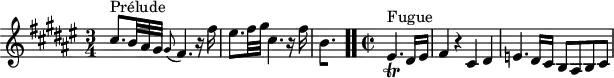 
\version "2.18.2"
\header {
  tagline = ##f
}
\score {
<<
  \relative c'' {
    \key fis \major
    \time 3/4
	\set Staff.midiInstrument = #"harpsichord" 
    \override TupletBracket.bracket-visibility = ##f
     %% INCIPIT CBT II-13, BWV 882, fa-dièse majeur
     s1*0^\markup{Prélude} cis8.*5/6 b32 ais gis \grace gis8( fis4.) r16 fis'16 eis8. fis32 gis cis,4. r16 fis16 \once \override Staff.TimeSignature #'stencil = ##f \time 3/8
{ 
 % suppression des warnings :
 #(ly:set-option 'warning-as-error #f)
 #(ly:expect-warning (_ "stem does not fit in beam")) %% <= à traduire éventuellement
 #(ly:expect-warning (_ "beam was started here")) %% <= à traduire éventuellement
  \set stemRightBeamCount = #1
  b,4.*1/2[ s]
} \bar ".."
     \time 2/2 \partial 2
     s1*0^\markup{Fugue} eis,4._\trill dis16 eis fis4  r4 cis dis e4. dis16 cis b8 ais b cis
  }
>>
  \layout {
     \context { \Score \remove "Metronome_mark_engraver"
     \override SpacingSpanner.common-shortest-duration = #(ly:make-moment 1/3)
        }
  }
  \midi {}
}
