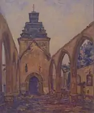 Germain David-Nillet (1861-1932) : L'église du Faouët après l'incendie, vue du clocher (1917, huile sur toile, collection paroisse du Faouët).