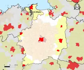 Localisation de l'aire d'attraction de Saint-Malo dans le département d'Ille-et-Vilaine.