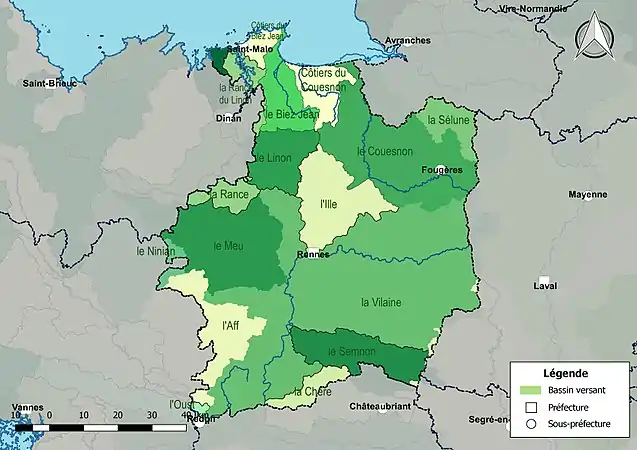 Les dix principaux bassins versants d'Ille-et-Vilaine.