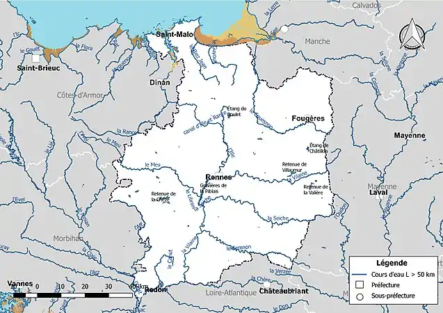 Carte des cours d'eau de longueur supérieure à 50 km d'Ille-et-Vilaine.