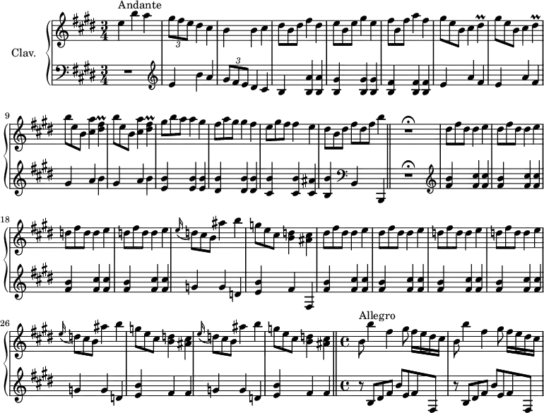 
\version "2.18.2"
\header {
  tagline = ##f
  % composer = "Domenico Scarlatti"
  % opus = "K. 162"
  % meter = "Anadnte - Allegro"
}
%% les petites notes
trillDisp     = { \tag #'print { dis4\prall } \tag #'midi { e32 dis e dis~ dis8 } }
trillFisp     = { \tag #'print { < dis fis >4\prall } \tag #'midi { << { gis32 fis gis fis~ fis8 } \\ { dis4 } >> } }
upper = \relative c'' {
  \clef treble 
  \key e \major
  \time 3/4
  \tempo 4 = 88
  \set Staff.midiInstrument = #"harpsichord"
  \override TupletBracket.bracket-visibility = ##f
      s8*0^\markup{Andante}
      e4 b' a  | \times 2/3 { gis8 fis e } dis4 cis | b b cis | \omit TupletNumber 
 \times 2/3 { dis8 b dis } fis4 dis | \times 2/3 { e8 b e } gis4 e | 
      % ms. 6
      \times 2/3 { fis8 b, fis' } a4 fis | \repeat unfold 2 { \times 2/3 { gis8 e b } cis4 \trillDisp } | \repeat unfold 2 { \times 2/3 { b'8 e, b } < cis a' >4 \trillFisp } |
      % ms. 11
      \times 2/3 { gis8 b a } a4 gis | \times 2/3 { fis8 a gis } gis4 fis | \times 2/3 { e8 gis fis } fis4 e | \times 2/3 { dis8 b dis } \times 2/3 { fis8[ dis fis] } b4 \bar "||" R2.\fermata
      % ms. 16
      \repeat unfold 2 { \times 2/3 { dis,8 fis dis } dis4 e } | \repeat unfold 2 { \times 2/3 { d8 fis d } d4 e } | \appoggiatura e16 \times 2/3 { d8 cis b } ais'4 b | 
      % ms. 21
      \times 2/3 { g8 e cis } < b d >4 < ais cis > | \repeat unfold 2 { \times 2/3 { dis8 fis dis } dis4 e } | \repeat unfold 2 { \times 2/3 { d8 fis d } d4 e } |
      % ms. 26
      \repeat unfold 2 { \appoggiatura e16 \times 2/3 { d8 cis b } ais'4 b | \times 2/3 { g8 e cis } < b d >4 < ais cis > } \bar "||"   \time 4/4 s8*0^\markup{Allegro}   \tempo 4 = 126
      % ms. 30
      \repeat unfold 2 { b8 b'4 fis gis8 fis16 e dis cis } | 
}
lower = \relative c' {
  \clef bass
  \key e \major
  \time 3/4
  \set Staff.midiInstrument = #"harpsichord"
  \override TupletBracket.bracket-visibility = ##f
    % ************************************** \appoggiatura a16  \repeat unfold 2 {  } \times 2/3 { }   \omit TupletNumber 
      R2. |   \clef treble  e4 b' a  | \times 2/3 { gis8 fis e } dis4 cis | b < b a' > q | < b gis' > q q |
      % ms. 6
      < b fis' >4 q q | \repeat unfold 2 { e a fis } | \repeat unfold 2 { gis a b } | 
      % ms. 11
      < e, b' >4 q q | < dis b' >4 q q | < cis b' >4 q < cis ais' > | < b b' >   \clef bass b, b, \bar "||" R2.\fermata  \clef treble 
      % ms. 16
      \repeat unfold 4 { < fis''' b >4 < fis cis' > q } g4 g d |
      % ms. 21
      < e b' >4 fis fis, | \repeat unfold 4 { < fis' b >4 < fis cis' > q }
      % ms. 26
      \repeat unfold 2 { g4 g d | < e b' > fis fis } |  \time 4/4
      % ms. 30
      \repeat unfold 2 { r8 b,8 dis fis b e, fis fis, } |
}
thePianoStaff = \new PianoStaff <<
    \set PianoStaff.instrumentName = #"Clav."
    \new Staff = "upper" \upper
    \new Staff = "lower" \lower
  >>
\score {
  \keepWithTag #'print \thePianoStaff
  \layout {
      #(layout-set-staff-size 17)
    \context {
      \Score
     \override SpacingSpanner.common-shortest-duration = #(ly:make-moment 1/2)
      \remove "Metronome_mark_engraver"
    }
  }
}
\score {
  \keepWithTag #'midi \thePianoStaff
  \midi { }
}
