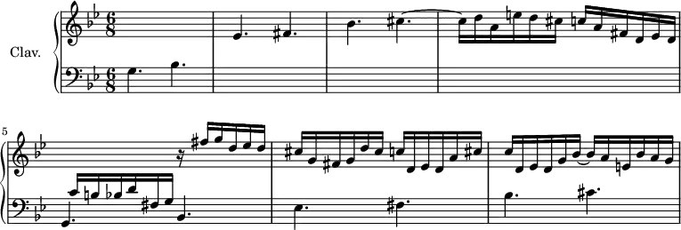 
\version "2.18.2"
\header {
  tagline = ##f
}
temaCrossK   = { \change Staff = "lower" g,4. bes \change Staff = "upper" ees fis bes cis~ }
temaCr       = { g,4. bes ees fis bes  cis }
upper = \relative c'' {
  \clef treble 
  \key g \minor
  \time 6/8
  \tempo 4. = 58
  \set Staff.midiInstrument = #"acoustic grand"
    \temaCrossK cis16 d a e' d cis c a fis d ees d 
    % ms. 5
    \stemUp \change Staff = "lower" c16 b bes d fis, g \change Staff = "upper" r16 fis''16 g d ees d | cis g fis g d' cis c d, ees d a' cis~ |
    % m. 7
    c16 d, ees d g bes~ bes a e bes' a g
}
lower = \relative c' {
  \clef bass
  \key g \minor
  \time 6/8
  \set Staff.midiInstrument = #"acoustic grand"
    % *****************************
    s2.*4 \temaCr
} 
thePianoStaff = \new PianoStaff <<
    \set PianoStaff.instrumentName = #"Clav."
    \new Staff = "upper" \upper
    \new Staff = "lower" \lower
  >>
\score {
  \keepWithTag #'print \thePianoStaff
  \layout {
      #(layout-set-staff-size 17)
    \context {
      \Score
     \override SpacingSpanner.common-shortest-duration = #(ly:make-moment 1/2)
      \remove "Metronome_mark_engraver"
    }
  }
}
\score {
  \keepWithTag #'midi \thePianoStaff
  \midi { }
}
