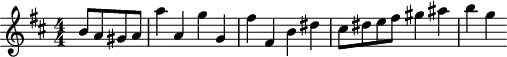 
\version "2.18.2"
\header {
  tagline = ##f
}
\score {
  \new Staff \with {
  }
<<
  \relative c'' {
    \key d \major
    \time 4/4
    \numericTimeSignature
    \override TupletBracket #'bracket-visibility = ##f 
    %\autoBeamOff
     %%%% Thème de la gavotte de la Symphonie classique
     \partial 2 b8 a gis a a'4 a, g' g, fis' fis, b dis cis8 dis e fis gis4 ais b g
  }
>>
  \layout {
     \context { \Score \remove "Metronome_mark_engraver" }
  }
  \midi { \tempo 4 = 126 }
}
