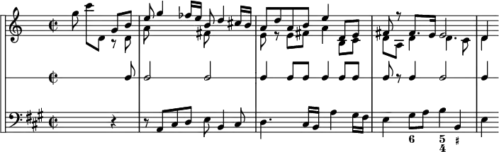 
\version "2.18.2"
\header {
  tagline = ##f
}
\score {
 \new StaffGroup <<
\set StaffGroup.systemStartDelimiter = #'SystemStartSquare
    \new Staff {
      \relative c'' {
      % \key c \major
      \time 2/2
      \tempo 2 = 62
      \autoBeamOff
      \clef treble
      \set Score.currentBarNumber = #15
      \override Rest #'style = #'classical
    \set Staff.keySignature = #`(((0 . 10) . ,FLAT)
                                ((0 . 3) . ,SHARP)
                                ((0 . 7) . ,SHARP))
   % Violon
   \partial 2. s8 g'8 c[ d,,]  
   << { g8 b } \\ { r8 d, } >>
   << { e'8 g4 fes16 e b8 d4 cis16 b } \\ { a8 s4 s8 fis8 } >>
   << { a8 d a b e4 d,8 e } \\ { e8 r8 e8 fis a4 b,8 c } >>
   << { fis8 r8 fis8. e16 e2 } \\ { d8 a d4 d4. c8 } >>
   << { d4 } \\ { d4 } >>
    }
}
    % Rythme
    \new RhythmicStaff  {
        s2 s8 c8 c2 c2 c4 c8 c8 c4 c8 c c r8 c4 c2 c4
      }
    % Continuo
    \new Staff {
  <<
      \key a \major
    \new Voice { \clef bass s2 r4 r8 a,8 cis d e b,4 cis8 | d4. cis16 b, s8 a4 gis16 fis | e4 gis8 a b4 b, | e }
    \new FiguredBass {
      \figuremode {
      s1 s1 s2 s2 < 6 >4 < 5 4 >4 < _+ >4
      }
    }
  >>
    }
 >>
  \layout {
    \context {
      \Score
      \remove "Metronome_mark_engraver"
    }
  }
  \midi {}
}
