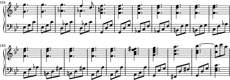 
\version "2.18.2"
\header {
  tagline = ##f
}
%% les petites notes
trillBesq = { \tag #'print { bes8\prall } \tag #'midi { c32 bes c bes } }
upper = \relative c'' {
  \clef treble 
  \key g \minor
  \time 3/8
  \tempo 4. = 66
  \set Staff.midiInstrument = #"harpsichord"
  \set Score.currentBarNumber = #134
  \omit Staff.TimeSignature
    \bar ""
     < g g' >4. q < aes g' > << { f'4 d8 } \\ { aes4. } >> < f b f' >4. < f c' f > q < f d' f > |
     % ms. 143
     q q q q q q q q < a c ees fis >4. < g c ees g > |
     % ms. 152
     < a d a' >4. < bes d bes' >~ < c bes' >8 c' a 
}
lower = \relative c {
  \clef bass
  \key g \minor
  \time 3/8
  \set Staff.midiInstrument = #"harpsichord"
  \omit Staff.TimeSignature
    % **************************************
     \repeat unfold 2 { ees8 g c } | \repeat unfold 2 { d,8 aes' c } | \repeat unfold 2 { g,8 d' g } | \repeat unfold 2 { aes,8 c f } | \repeat unfold 2 { b,8 f' g }
     % ms. 144
     \repeat unfold 2 { c, f aes } | \repeat unfold 2 { b,8 d gis } | \repeat unfold 2 { a, d a' } | a,8 c a' | g,8 ees' g | 
     % ms. 152
     fis,8 d' fis | g, d' g | < ees g c >4.
}
thePianoStaff = \new PianoStaff <<
    \set PianoStaff.instrumentName = #""
    \new Staff = "upper" \upper
    \new Staff = "lower" \lower
  >>
\score {
  \keepWithTag #'print \thePianoStaff
  \layout {
   indent = #0
      #(layout-set-staff-size 17)
    \context {
      \Score
     \override SpacingSpanner.common-shortest-duration = #(ly:make-moment 1/2)
      \remove "Metronome_mark_engraver"
    }
  }
}
\score {
  \keepWithTag #'midi \thePianoStaff
  \midi { }
}
