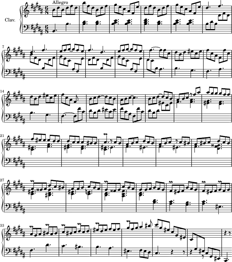 
\version "2.18.2"
\header {
  tagline = ##f
  % composer = "Domenico Scarlatti"
  % opus = "K. 245"
  % meter = "Allegro"
}
%% les petites notes
trillCisp     = { \tag #'print { cis4.\prall } \tag #'midi { dis32 cis dis cis~   \tempo 4. = 66 cis4   \tempo 4. = 120 } }
trillAisq     = { \tag #'print { ais8\prall } \tag #'midi { \times 2/3 { ais16 bis ais } } }
trillGisq     = { \tag #'print { gis8\prall } \tag #'midi { \times 2/3 { gis16 ais gis } } }
trillFisq     = { \tag #'print { fis8\prall } \tag #'midi { \times 2/3 { fis16 gis fis } } }
trillBisq     = { \tag #'print { bis8\prall } \tag #'midi { \times 2/3 { bis16 cis bis } } }
trillCisq     = { \tag #'print { cis8\prall } \tag #'midi { \times 2/3 { cis16 dis cis } } }
trillDisq     = { \tag #'print { dis8\prall } \tag #'midi { \times 2/3 { dis16 eis dis } } }
trillEisq     = { \tag #'print { eis8\prall } \tag #'midi { \times 2/3 { eis16 fis eis } } }
upper = \relative c'' {
  \clef treble 
  \key b \major
  \time 6/8
  \tempo 4. = 120
      s8*0^\markup{Allegro}
      b8 dis b dis fis dis | b' fis dis b dis fis | gis e cis ais fis e' | dis fis dis b dis fis | gis e cis ais fis e' | 
      % ms. 6
      \stemUp \repeat unfold 2 { dis4. fis } | e8 fis gis~ gis fis e | fis4. dis | e8 fis gis~ gis fis e \stemNeutral |
      % ms. 11
      fis4.~ fis8 fis cis | dis b dis eis cis eis | fis cis ais fis fis' cis | dis b dis eis cis eis | fis cis ais fis8 s4
      % ms. 16
      b8 cis dis~ dis cis b | ais b cis~ cis4. | b8 cis dis~  \stemUp dis cis b | ais b cis r8 fis ais | ais gis gis gis fis fis |
      % ms. 21
      fis8 eis eis eis dis dis | dis cis cis cis bis bis | \trillCisp r8 cis8 b | ais b cis dis cis b | ais b cis r8 cis8 bis |
      % ms. 26
      ais8 bis cis dis cis bis | \trillAisq gisis8 ais dis cis bis| ais ais b cis b ais | \trillGisq fisis8 gis cis b ais | gis gis ais b ais gis |
      % ms. 31
      \trillFisq eis8 fis  b ais gis | \trillFisq eis8 fis  \trillGisq fis8 gis | \trillAisq gis8 ais \trillBisq ais bis | \trillCisq bis8 cis \trillDisq cis dis | \trillEisq dis eis fis eis fis |
      % ms. 36
      \trillGisq fis gis ais4 bis8 cis8 gis eis cis gis eis | cis \stemUp  \change Staff = "lower" gis eis \change Staff = "upper"  s4. | r4 r8 
}
lower = \relative c' {
  \clef bass
  \key b \major
  \time 6/8
    % ************************************** \appoggiatura a16  \repeat unfold 2 {  } \times 2/3 { }   \omit TupletNumber 
      b,4. b' | < b dis > q | < b cis e > q | < b dis fis > < b dis > | < b cis e > q |
      % ms. 6
      b8 dis b \stemDown \change Staff = "upper" dis fis dis |
      b' \stemDown  \change Staff = "upper" fis dis \stemUp \change Staff = "lower" |
      b \stemDown  \change Staff = "upper" dis fis |
      gis e cis \stemUp \change Staff = "lower" ais fis \stemDown \change Staff = "upper" e' |
      dis fis dis  \stemUp \change Staff = "lower" b \stemDown \change Staff = "upper" dis fis | gis e cis \stemUp \change Staff = "lower" ais fis \stemDown  \change Staff = "upper" e' |
      % ms. 11
      dis8 cis \stemDown \change Staff = "lower"  b \stemNeutral  ais4. | b gis | fis ais | b gis | fis4.~ fis8 fis' cis |
      % ms. 16
      dis8 b dis  eis cis eis | fis cis ais fis fis' cis | dis b dis \stemDown \change Staff = "upper" eis cis eis | fis4. \repeat unfold 2 { < fis ais > | < eis gis > < dis fis > |
      % ms. 21
      < cis eis >4. } eis4. | \repeat unfold 2 { fis eis }
      % ms. 26
      fis4. < dis fis gisis > | < cis eis > < bis dis gisis > | < cis eis > < cis e > | < b dis > < ais cis fisis > | < b dis > \stemNeutral \change Staff = "lower" < b dis >4. 
      % ms. 31
      < ais cis >4. < gis b > | < ais cis > eis4. | fis dis' | cis bis | b ais |
      % ms. 36
      eis4. fis8 eis dis | cis4. r4 r8 | r4 r8 cis8 gis eis | cis4. 
}
thePianoStaff = \new PianoStaff <<
    \set PianoStaff.instrumentName = #"Clav."
    \new Staff = "upper" \upper
    \new Staff = "lower" \lower
  >>
\score {
  \keepWithTag #'print \thePianoStaff
  \layout {
      #(layout-set-staff-size 17)
    \context {
      \Score
     \override TupletBracket.bracket-visibility = ##f
     \override SpacingSpanner.common-shortest-duration = #(ly:make-moment 1/2)
      \remove "Metronome_mark_engraver"
    }
  }
}
\score {
  \keepWithTag #'midi \thePianoStaff
  \midi { \set Staff.midiInstrument = #"harpsichord" }
}
