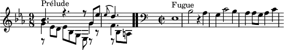 
\version "2.18.2"
\header {
  tagline = ##f
}
\score {
  \new Staff \with {
}
<<
  \relative c'' {
    \key ees \major
    \time 9/8
    \set Staff.midiInstrument = #"harpsichord" 
     %% INCIPIT CBT II-7, BWV 876, mi bémol majeur
     << { bes4.^\markup{Prélude} r4. r8 g8 ees' | \once \override Staff.TimeSignature #'stencil = ##f \time 3/8 \appoggiatura ees8 d4. } \\ { r8 ees,8 d ees bes g ees r8 r8 r8 bes'8 a } \\ { \stemDown g'4. s4. r8 g4 f4. } >>  \bar ".."
      \skip 8*1
      %\once \override Staff.Clef.full-size-change = ##t
     \relative c 
     \override Staff.Clef.extra-offset = #'( -1 . 0 )
     \time 2/2
     \clef bass ees,1^\markup{Fugue} bes'2 r4 aes4 | g c2 bes4 aes aes8[ g] aes4 c
  }
>>
  \layout {
     \context { \Score \remove "Metronome_mark_engraver" 
     \override SpacingSpanner.common-shortest-duration = #(ly:make-moment 1/2)
        }
  }
  \midi {}
}
