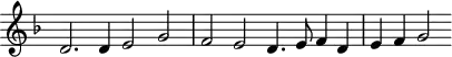 
\header {
  tagline = ##f
}
\score {
  \new Staff \with {
     \remove "Time_signature_engraver"
  }
<<
  \relative c' {
    \key f \major
    %\clef bass
    \time 4/2
    \override TupletBracket #'bracket-visibility = ##f 
     %%% f° 43v
     d2. d4 e2 g f e d4. e8 f4 d e f g2
  }
>>
  \layout {
     \context { \Score \remove "Metronome_mark_engraver" }
  }
  \midi {}
}
