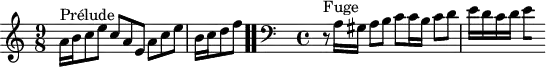 
\version "2.18.2"
\header {
  tagline = ##f
}
\score {
  \new Staff \with {
%fontSize = #-2
  }
<<
  \relative c'' {
    \key a \minor
    \time 9/8
	\set Staff.midiInstrument = #"harpsichord" 
     %% INCIPIT CBT I-20, BWV 865, la mineur
     s4*0^\markup{Prélude} a16 b c8 e c a e a c e \once \override Staff.TimeSignature #'stencil = ##f \time 3/8 b16 c d8 f \bar ".."
     \skip 8*1
     \override Staff.Clef.extra-offset = #'( -1 . 0 )
     \time 4/4 
     \clef bass 
     \partial 1
     r8^\markup{Fuge} a,,16 gis a8 b c c16 b c8 d e16 d c d 
{ 
 % suppression des warnings :
 #(ly:set-option 'warning-as-error #f)
 #(ly:expect-warning (_ "stem does not fit in beam")) %% <= à traduire éventuellement
 #(ly:expect-warning (_ "beam was started here")) %% <= à traduire éventuellement
  \set stemRightBeamCount = #1
  e4*1/2[ s]
}
  }
>>
  \layout {
     \context { \Score \remove "Metronome_mark_engraver" 
     \override SpacingSpanner.common-shortest-duration = #(ly:make-moment 1/2) 
}
  }
  \midi {}
}
