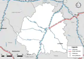 Carte du réseau routier national (autoroutes et routes nationales) dans le département de l'Indre.