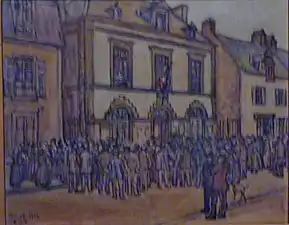Germain David-Nillet (1861-1932) : Rassemblement devant la mairie du Faouët (15 août 1914, lecture d'un communiqué) (huile sur toile, Musée du Faouët).