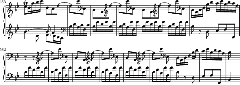 
\version "2.18.2"
\header {
  tagline = ##f
  % composer = "Domenico Scarlatti"
  % opus = "K. 57"
  % meter = "Allegro"
}
%% les petites notes
trillEesq     = { \tag #'print { ees8\trill } \tag #'midi { f32 ees f ees } }
upper = \relative c'' {
  \clef treble 
  \key bes \major
  \time 3/8
  \tempo 4. = 78
  \set Staff.midiInstrument = #"harpsichord"
  \override TupletBracket.bracket-visibility = ##f
  \set Score.currentBarNumber = #153
  \omit Staff.TimeSignature 
    \bar ""
      \trillEesq d16 a' bes c | d,8 c \repeat unfold 2 { f~ |
      % ms. 155
      f8 c'    \clef bass  ees,,, | d bes   \clef treble  } f'''~ | f c' \clef bass  ees,,, | d16 bes d f bes[ d] | c ees bes d c a |
      % ms. 162
      r8 r8 \clef treble \repeat unfold 2 { f''~ | f8[ c']    \clef bass  ees,,, | d[ bes]   \clef treble  } f'''~ | f[ c'] \clef bass  ees,,, | d16 bes d f bes[ d] |
      % ms. 169
      c ees bes d c a | bes
      % ms. x
}
lower = \relative c' {
  \clef bass
  \key bes \major
  \time 3/8
  \set Staff.midiInstrument = #"harpsichord"
  \override TupletBracket.bracket-visibility = ##f
  \omit Staff.TimeSignature 
    % ************************************** \appoggiatura a16  \repeat unfold 2 {  } \times 2/3 { }   \omit TupletNumber 
      \clef treble  << { \mergeDifferentlyDottedOn bes'4.~ | bes8 a4 | } \\ { bes4 ees,8 | f8. ees16 d c } >>   \clef bass
      % ms. 155
      bes16 d a c f, c' | \repeat unfold 2 { bes f' d f bes, f' | bes, d a f' f, f' } | bes,8 r8 d,8 | ees f f, |
      % ms. 162
      \repeat unfold 3 { bes'16 f' d f bes, f' | bes, d a f' f, f' } bes,8 r8 d,8 |
      % ms. 169
      ees8 f f, | bes4
      % ms. x
}
thePianoStaff = \new PianoStaff <<
    \set PianoStaff.instrumentName = #""
    \new Staff = "upper" \upper
    \new Staff = "lower" \lower
  >>
\score {
  \keepWithTag #'print \thePianoStaff
  \layout {
    indent = #0
      #(layout-set-staff-size 17)
    \context {
      \Score
     \override SpacingSpanner.common-shortest-duration = #(ly:make-moment 1/2)
      \remove "Metronome_mark_engraver"
    }
  }
}
\score {
  \keepWithTag #'midi \thePianoStaff
  \midi { }
}
