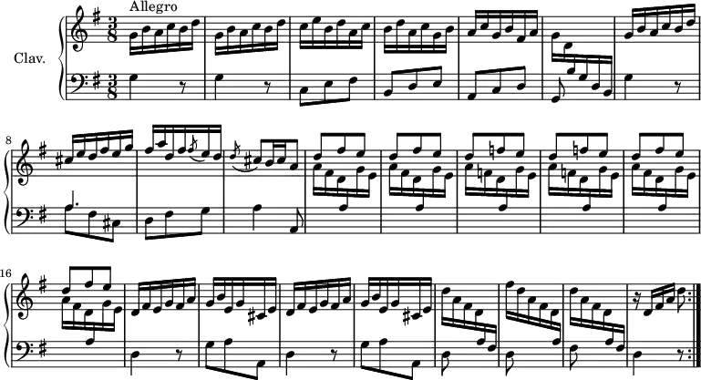 
\version "2.18.2"
\header {
  tagline = ##f
  % composer = "Domenico Scarlatti"
  % opus = "K. deest"
  % meter = "Allegro"
}
%% les petites notes
%trillBesp     = { \tag #'print { bes4.\prall } \tag #'midi { c32 bes c bes~ bes4 } }
upper = \relative c'' {
  \clef treble 
  \key g \major
  \time 3/8
  \tempo 4. = 72
  \set Staff.midiInstrument = #"harpsichord"
  \override TupletBracket.bracket-visibility = ##f
  \repeat volta 2 {
      s8*0^\markup{Allegro}
      \repeat unfold 2 { g16 b a c b d } | c e b d a c | b d a c g b |
      % ms. 5
      a16 c g b fis a | \stemDown g d  \stemUp \change Staff = "lower" b g d b | \change Staff = "upper"  g'' b a c b d | cis e d fis e g | fis a d, fis \acciaccatura fis8 e16 d |
      % ms. 10
      \acciaccatura d8 cis8 b16 cis   \tempo 4. = 50 a8 |   \tempo 4. = 72 \repeat unfold 2 { d8 fis e } | \repeat unfold 2 { d8 f e }
      % ms. 15
      \repeat unfold 2 { d8 fis e } |  \repeat unfold 2 { d,16 fis e g fis a | g b e, g cis, e } | 
      % ms. 21
      \stemDown d'16 a fis d \stemUp \change Staff = "lower" a fis |  \stemDown \change Staff = "upper" fis'' d a fis d \stemUp \change Staff = "lower" a |  \stemDown \change Staff = "upper"  d' a fis d \stemUp \change Staff = "lower" a fis | \stemNeutral \change Staff = "upper"  r16 d'[ fis a]  \tempo 4. = 40 d8 \tempo 4. = 72 }%repet
}
lower = \relative c' {
  \clef bass
  \key g \major
  \time 3/8
  \set Staff.midiInstrument = #"harpsichord"
  \override TupletBracket.bracket-visibility = ##f
  \repeat volta 2 {
    % ************************************** 
      g4 r8 | g4 r8 | c,8 e fis | b, d e |
      % ms. 5
      a,8 c d | g, s4 | g'4 r8 | << { \mergeDifferentlyDottedOn a4. } \\ { a8 fis cis } >> | d8 fis g |
      % ms. 10
      a4 a,8 | \stemDown \change Staff = "upper" \repeat unfold 2 { a''16 fis d \stemUp \change Staff = "lower" a \stemDown \change Staff = "upper" g' e } | \stemDown \change Staff = "upper" \repeat unfold 2 { a16 f d \stemUp \change Staff = "lower" a \stemDown \change Staff = "upper" g' e } |
      % ms. 15
      \stemDown \change Staff = "upper" \repeat unfold 2 { a16 fis d \stemUp \change Staff = "lower" a \stemDown \change Staff = "upper" g' e } |  \stemNeutral \change Staff = "lower" d,4 r8 | g8 a a, | d4 r8 |
      % ms. 20
      g8 a a, | d8 s4 | d8 s4 | fis8 s4 | d4 r8 }%repet
}
thePianoStaff = \new PianoStaff <<
    \set PianoStaff.instrumentName = #"Clav."
    \new Staff = "upper" \upper
    \new Staff = "lower" \lower
  >>
\score {
  \keepWithTag #'print \thePianoStaff
  \layout {
      #(layout-set-staff-size 17)
    \context {
      \Score
     \override SpacingSpanner.common-shortest-duration = #(ly:make-moment 1/2)
      \remove "Metronome_mark_engraver"
    }
  }
}
\score {
  \unfoldRepeats
  \keepWithTag #'midi \thePianoStaff
  \midi { }
}
