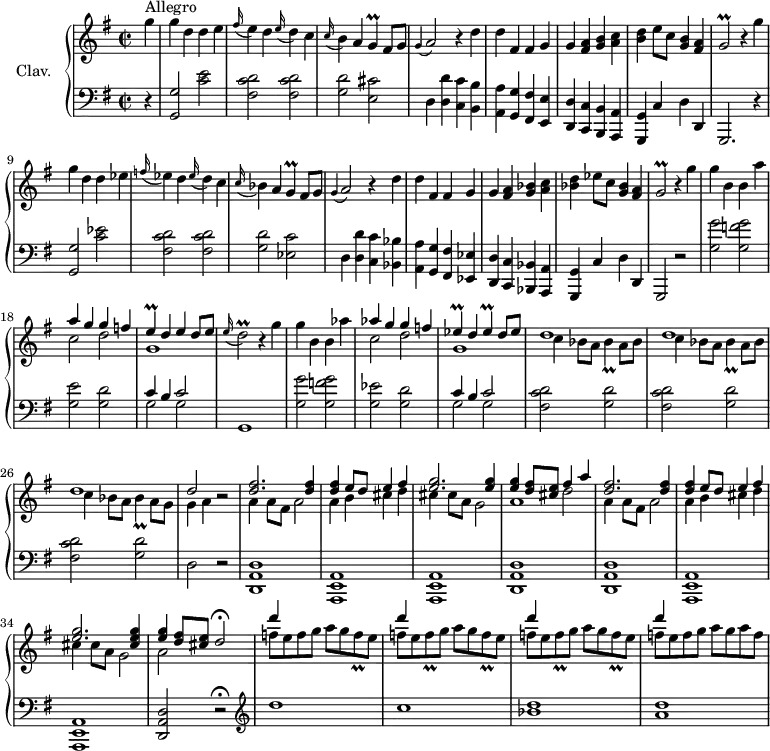 
\version "2.18.2"
\header {
  tagline = ##f
  % composer = "Domenico Scarlatti"
  % opus = "K. 470"
  % meter = "Allegro"
}
%% les petites notes
trillG     = { \tag #'print { g4\prall } \tag #'midi { a32 g a g~ g8 } }
trillGb    = { \tag #'print { g2\prall } \tag #'midi { a32 g a g~ g4. } }
trillE     = { \tag #'print { e4\prall } \tag #'midi { f32 e f e~ e8 } }
trillEes   = { \tag #'print { ees4\prall } \tag #'midi { f32 ees f ees~ ees8 } }
trillDb    = { \tag #'print { d2\prall } \tag #'midi { e32 d e d~ d4. } }
trillBes   = { \tag #'print { bes4\prall } \tag #'midi { c32 bes c bes~ bes8 } }
trillFq    = { \tag #'print { f8\prall } \tag #'midi { g32 f g f } }
upper = \relative c'' {
  \clef treble 
  \key g \major
  \time 2/2
  \tempo 2 = 92
  \set Staff.midiInstrument = #"harpsichord"
      s8*0^\markup{Allegro}
      \partial 4
      g'4 | g d d e | \appoggiatura fis16 e4 d \appoggiatura e16 d4 c | \appoggiatura c16 b4 a \trillG fis8 g | \appoggiatura g4 a2  r4 d4 | d fis, fis g |
      % ms. 6
      g4 < fis a > < g b > < a c > | < b d > e8 c < g b >4 < fis a > | \trillGb r4
      g'4 | g d d ees | \appoggiatura f16 ees4 d \appoggiatura ees16 d4 c | \appoggiatura c16 bes4 a \trillG fis8 g |
      % ms. 12
      \appoggiatura g4 a2  r4 d4 | d fis, fis g | g4 < fis a > < g bes > < a c > | < bes d > ees8 c < g bes >4 < fis a > | \trillGb r4 g'4 | g b, b a' | 
      % ms. 18
      << { a4 g g f | \trillE d e d8 e } \\ { c2 d | g,1 } >> \appoggiatura e'16 \trillDb r4 g4 | g b, b aes' |
      << { aes4 g g f | \trillEes d \trillEes d8 ees } \\ { c2 d | g,1 } >>
      % ms. 24
      \repeat unfold 2 { << { d'1 } \\ { c4 bes8 a \trillBes a8 bes } >> } | << { d1 | d2 } \\ { c4 bes8 a \trillBes a8 g | g4 a } >> r2
      % ms. 28
      << { < d fis >2. q4 | q e8 d e4 fis | < e g >2. q4 | q < d fis >8 < cis e > fis4 a } \\ { s1*3 s2 d,2 }
      \\ { \stemDown a4 a8 fis a2 | a4 b cis d | cis cis8 a g2 | a1 } >>
      % ms. 32
       << { < d fis >2. q4 | q e8 d e4 fis | < e g >2. < cis e g >4 | < e g >4 < d fis >8 < cis e > d2\fermata } 
      \\ { a4 a8 fis a2 | a4 b cis d | cis cis8 a g2 | a2  } >>
      % ms. 36
      << { \repeat unfold 4 { d'4 s2. } } 
      \\ { f,8 e f g a g \trillFq e | \repeat unfold 2 { f8 e \trillFq g8 a g \trillFq e } | f8 e f g a g a f } >>
      % ms. 39
}
lower = \relative c' {
  \clef bass
  \key g \major
  \time 2/2
  \set Staff.midiInstrument = #"harpsichord"
    % ************************************** \appoggiatura a16 e4 \repeat unfold 2 {  } \times 2/3 { }   \omit TupletNumber 
      r4 | < g, g' >2 < c' e > | < fis, c' d > q | < g d' > < e cis' > | d4 < d d' > < c c' > < b b' > | < a a' > < g g' > < fis fis' > < e e' > | 
      % ms. 6
      < d d' >4 < c c' > < b b' > < a a' > | < g g' > c' d d, | g,2. r4 | < g' g' >2 < c' ees > | < fis, c' d > q | < g d' > < ees c' >
      % ms. 12
      d4 < d d' > < c c' > < bes bes' > | < a a' > < g g' > < fis fis' > < ees ees' > | < d d' >4 < c c' > < bes bes' > < a a' > | < g g' > | c' d d, | g,2 r2 | < g'' g' >2 < g f' g >
      % ms. 18
      < g e' >2 < g d' > | << { c4 b c2 } \\ { g2 g } >> | g,1 | < g' g' >2 < g f' g > | < g ees' >2 < g d' > | << { c4 b c2 } \\ { g2 g } >> |
      % ms. 24
      \repeat unfold 3 { < fis c' d >2 < g d' > } | d2 r2 | 
      % ms. 28
      < d, a' d >1 | < a e' a > q | < d a' d > q < a e' a > q < d a' d >2 r2\fermata
      % ms. 36
        \clef treble  d'''1 c < bes d > | < a d >
}
thePianoStaff = \new PianoStaff <<
    \set PianoStaff.instrumentName = #"Clav."
    \new Staff = "upper" \upper
    \new Staff = "lower" \lower
  >>
\score {
  \keepWithTag #'print \thePianoStaff
  \layout {
      #(layout-set-staff-size 17)
    \context {
      \Score
     \override TupletBracket.bracket-visibility = ##f
     \override SpacingSpanner.common-shortest-duration = #(ly:make-moment 1/2)
      \remove "Metronome_mark_engraver"
    }
  }
}
\score {
  \keepWithTag #'midi \thePianoStaff
  \midi { }
}
