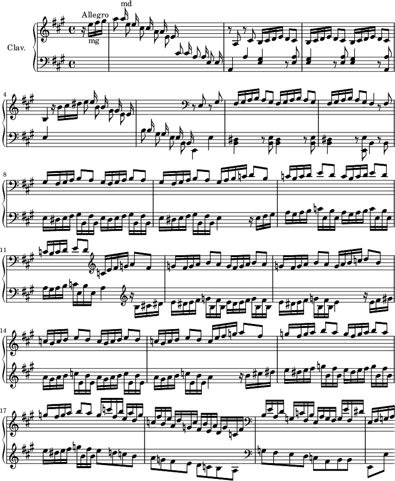 
\version "2.18.2"
\header {
  tagline = ##f
}
%% les petites notes
trillFq   = { \tag #'print { f8\trill } \tag #'midi { g32 f g f } }
upper = \relative c'' {
  \clef treble 
  \key a \major
  \time 4/4
  \tempo 4 = 96
  \set Staff.midiInstrument = #"harpsichord"
      s8*0^\markup{Allegro}
      \partial 4 \stemUp s4 s16 a'16^\markup{md} s16 e16 s16 cis16 s16 a16 s16 e16 s16 \stemUp \change Staff = "lower" cis16 s16 a16 s16 e16 |
      \change Staff = "upper" r8 a8 r8 cis8 \repeat unfold 3 { b16 cis d e d8 cis } |
       % ms. 4
       b4 s4 s16 e'16 s16 b16 s16 gis16 s16 e16 s16 \change Staff = "lower" b16 s16 gis16 s16 e16 s16 b16  \change Staff = "upper"   \clef bass r8 e8 r8 gis8 | \repeat unfold 3 { fis16 gis a b a8 gis } fis4 r8 fis | \repeat unfold 3 { gis16 fis gis a b8 a } 
       % ms. 9
       gis16 a b c d8 b | \repeat unfold 3 { c16 b c d e8 d } \change Staff = "upper"   \clef treble  c16 e fis g a8 fis |
       % ms. 12
       \repeat unfold 3 { g16 fis g a b8 a } g16 a b c d8 b | \repeat unfold 3 { c16 b c d e8 d } c16 e fis  g a8 fis | \repeat unfold 3 { g16 fis g a b8 a } g16 c fis, b e, a d, g |
       % ms. 18
       c,16 fis b, e a, d g, c fis, b e, a d, g c, fis |   \clef bass b, e a, d g, c fis, b e, a g fis g e' fis, dis' e, fis g a
}
lower = \relative c' {
  \clef bass
  \key a \major
  \time 4/4
  \set Staff.midiInstrument = #"harpsichord"
    % **************************************
      \stemDown \change Staff = "upper" r16 e'16-\markup{mg} fis gis | \autoBeamOff a8 e cis a e \stemUp \change Staff = "lower" cis a e | a,4 a' \repeat unfold 2 { < e gis > r8 < e a >8 } 
      % ms. 3
      < e gis >4 r8 < a, a' >8 | e'4 \stemDown \change Staff = "upper" r16 \autoBeamOn b''16 cis dis \autoBeamOff e8 b gis e \change Staff = "lower" b8 gis e b e,4 e'
      % ms. 6
      \repeat unfold 2 { < b dis >4 r8 < b e >8 } < b dis >4 r8 < e, e' >8 b'4 r8 b8 |\autoBeamOn \repeat unfold 3 { e16 dis e fis gis b, fis' b, }  
      % ms. 9
      e4 r16 e fis gis | \repeat unfold 3 { a16 gis a b c e, b' e, } | a4   \clef treble r16 b16 cis dis |
      % ms. 12
      \repeat unfold 3 { e16 dis e fis g b, fis' b, } | e4 r16 e16 fis gis | \repeat unfold 3 { a16 gis a b c e, b' e, } | a4
      % ms. 15
      r16 b cis dis \repeat unfold 3 { e16 dis e fis g b, fis' b, } e8 d c b | a g fis e d c b a |   \clef bass g8 fis e d c a b b | e,[ e'] 
}
thePianoStaff = \new PianoStaff <<
    \set PianoStaff.instrumentName = #"Clav."
    \new Staff = "upper" \upper
    \new Staff = "lower" \lower
  >>
\score {
  \keepWithTag #'print \thePianoStaff
  \layout {
      #(layout-set-staff-size 17)
    \context {
      \Score
     \override SpacingSpanner.common-shortest-duration = #(ly:make-moment 1/2)
      \remove "Metronome_mark_engraver"
    }
  }
}
\score {
  \keepWithTag #'midi \thePianoStaff
  \midi { }
}
