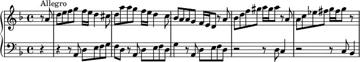 
\version "2.18.2"
\header {
  tagline = ##f
  % composer = "Domenico Scarlatti"
  % opus = "K. 89"
  % meter = "Allegro"
}
%% les petites notes
%trillBesp     = { \tag #'print { bes4.\prall } \tag #'midi { c32 bes c bes~ bes4 } }
upper = \relative c'' {
  \clef treble 
  \key d \minor
  \time 4/4
  \tempo 4 = 82
  \set Staff.midiInstrument = #"harpsichord"
  \override TupletBracket.bracket-visibility = ##f
 \partial 4
      s8*0^\markup{Allegro}
      r8 a8 | d e f g f16 e d4 cis8 | d a' a g f16 e d4 c8 | bes a a g f16 e d8 r8 a'8 |
      % ms. 4
      bes8 d f gis a16 gis a8  r8 a,8 | a c ees fis g16 fis g8 r8 s8 |
}
lower = \relative c' {
  \clef bass
  \key d \minor
  \time 4/4
  \set Staff.midiInstrument = #"harpsichord"
  \override TupletBracket.bracket-visibility = ##f
    % ************************************** \appoggiatura a16  \repeat unfold 2 {  } \times 2/3 { }   \omit TupletNumber 
      r4 r4 r8 a,8 d e f g | f d r8 a8 d e f d | g4 r8 a,8 d e f d | 
      % ms. 4
      r2 r8 d8 c4 | r2 r8 c8 bes4
}
thePianoStaff = \new PianoStaff <<
    \set PianoStaff.instrumentName = #""
    \new Staff = "upper" \upper
    \new Staff = "lower" \lower
  >>
\score {
  \keepWithTag #'print \thePianoStaff
  \layout {
      #(layout-set-staff-size 17)
    \context {
      \Score
     \override SpacingSpanner.common-shortest-duration = #(ly:make-moment 1/2)
      \remove "Metronome_mark_engraver"
    }
  }
}
\score {
  \keepWithTag #'midi \thePianoStaff
  \midi { }
}
