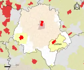 Localisation de l'aire d'attraction de Loches dans le département d'Indre-et-Loire.