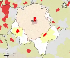 Localisation de l'aire d'attraction de Tours dans le département d'Indre-et-Loire.