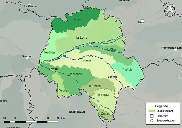Les principaux bassins versants du département d'Indre-et-Loire.