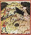 Scène de chasse au XIVe siècle : sur la pente d'une colline, un sanglier encadré de quatre chiens jappant est tué à l'épieu par un chasseur ; à l'avant plan, un autre chasseur suit son chien qui poursuit deux lièvres.