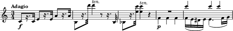 
\relative c' {
  \override Score.NonMusicalPaperColumn #'line-break-permission = ##f
  \version "2.18.2"
  \tempo "Adagio"
  \time 3/4
  c8\f[ r16. c32] e8[ r16. e32] a8[ r16. a32] |
  b,8[ r16. d''32] d4^\markup { \italic ten. } r8 r16. b,,32 |
  bes8[ r16. <e' c'>32] q4^\markup { \italic ten. } r |
  << {\voiceOne R1*3/4 | c'4 c c | }
  \\ {\voiceTwo f,,4\p f f | f16( e dis e) e4.( f16 g) | }
  >>
}
