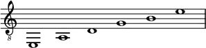 \new Staff \with { midiInstrument = "acoustic guitar (nylon)" \remove "Time_signature_engraver"} {\time 6/1\clef "G_8" {e,1 a, d g b e'}}
\midi {
    \context {
      \Score
      tempoWholesPerMinute = #(ly:make-moment 100 2)
   }} 