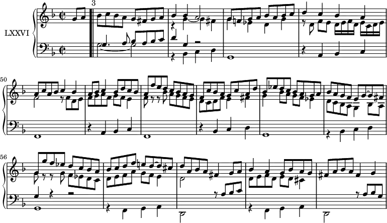 
\version "2.18.2"
\header {
  tagline = ##f
}
upper = \relative c'' {
  \clef treble 
  \key f \major
  \time 2/2
  \tempo 2 = 48
  %\autoBeamOff
  \set Staff.midiInstrument = #"harpsichord"
  \partial 4 g8 a^"     3" \bar ".|" 
  bes8 c bes a g fis g a 
  << { bes4 bes a2 } \\ { r4 g4~ g4 fis } >>
  << { g8 f! g a bes a bes c } \\ { g4 ees d g } >>
  << { d'4 c bes a } \\ { r8 d,8 f[ e] d16[ e f d] e[ c d e] } >>
  << { a8 c a bes c4 bes } \\ { f2 r8 f d e } >>
  << { a8 bes c4 bes8 d c bes } \\ { f8 g a f g f e4 } >>
  << { a8 f' e d c bes a g } \\ { f8 r8 r8 bes8 a g f e } >>
  %%% 8
  << { f8 c' bes a g c a d } \\ { d, c d f e4 fis } >>
  << { bes8 ees d c bes a g a } \\ { g4  bes8 a g f ees4 } >>
  << { bes'8 a g f e g~ g fis } \\ { d8 c bes a g4 bes8 a  } >>
  << { g'8 g' f ees d c bes a } \\ { g8 r8 r8 g8 f ees d c } >>
  %%% 12
  << { bes'8 c d f e! d~ d cis } \\ { d,8 e f a g f e4 } >>
  << { d'8 a bes a fis4 g8 a } \\ { d,2 } >>
  << { bes'4 a g8 bes a g } \\ { d8 e f d e d cis4 } >>
  fis8 a bes a fis4 g
}
lower = \relative c' {
  \clef bass
  \key f \major
  \time 2/2
  \set Score.currentBarNumber = #46
  \set Staff.midiInstrument = #"harpsichord"
   s4
   << { g4. a8 bes a bes c } \\ { g2~ g } >>
   << { d'4 g, r2 } \\ { r4 bes,4 c d g,1 } >>
   r4 a4 bes c f,1
   r4 a4 bes c f,1
   r4 bes4 c d g,1
   << { s1 g'4 r4 r2 } \\ { r4 bes,4 c d g,1 } >>
   << { s1 s2 r8 a'8 bes c } \\ { r4 f,,4 g a d,2 s2 } >>
   << { s1 s2 r8 a''8 bes g } \\ { r4 f,4 g a d,2 s2 } >>
} 
\score {
  \new PianoStaff <<
    \set PianoStaff.instrumentName = #"LXXVI"
    \new Staff = "upper" \upper
    \new Staff = "lower" \lower
  >>
  \layout {
    \context {
      \Score
      \remove "Metronome_mark_engraver"
    }
  }
  \midi { }
}
