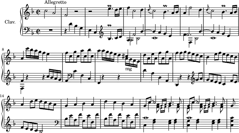 
\version "2.18.2"
\header {
  tagline = ##f
  % composer = "Domenico Scarlatti"
  % opus = "K. 554"
  % meter = "Allegretto"
}
%% les petites notes
trillEpUp       = { \tag #'print { e'4.\prall } \tag #'midi { f32 e f e~ e4 } }
trillBespUp     = { \tag #'print { bes'4.\prall } \tag #'midi { c32 bes c bes~ bes4 } }
trillBesp       = { \tag #'print { bes4.\prall } \tag #'midi { c32 bes c bes~ bes4 } }
upper = \relative c'' {
  \clef treble 
  \key f \major
  \time 2/2
  \tempo 2 = 72
  \set Staff.midiInstrument = #"harpsichord"
  \override TupletBracket.bracket-visibility = ##f
      s8*0^\markup{Allegretto}
      c2 a | f r2 | r2 \trillEpUp d16 e | f4 c2 d4 | \appoggiatura d8 c2 \trillBesp a16 bes |
      % ms. 6
      a4 f'2 d4 | \appoggiatura d8 c2 \trillBesp a16 bes | a4 c'16 bes a g f4 e  | f8 c g' c, a' c, bes' c, |
      % ms. 10
      a'4 a16 g f e d4 \stemUp cis |  \stemNeutral d8 a e' a, f' a, g' a, | f'4 f8 g f e d c  | bes4 e8 f e d c bes |
      % ms. 14
      a4 d8 e d c bes a | g4 a bes a | d c bes a | << { \repeat unfold 2 { g8 c~ c2 s4 } } \\ { s2 \stemUp \grace { g16 a } bes4. a8 | s2 \grace { g16 a } bes4. a8 } \\ { \stemDown s8 c4 < f, a  >8 \grace { e16 f } g4. f8 | e8 c'4 < f, a  >8 \grace { e16 f } g4. f8 } >> | g8
      % ms. 18
}
lower = \relative c' {
  \clef bass
  \key f \major
  \time 2/2
  \set Staff.midiInstrument = #"harpsichord"
  \override TupletBracket.bracket-visibility = ##f
    % ************************************** \appoggiatura a16  \repeat unfold 2 {  } \times 2/3 { }   \omit TupletNumber 
      R1 | r4 d4 bes g | e c   \clef treble \trillBespUp c16 d | << { a4 f'2 bes4~ | bes a g e | f2. bes4~ | bes a g e | f } \\ { a,2 bes | c1 | f4 f, bes2 | c1 | f,4 } >> 
      % ms. 8 suite
      r4 r4 c''16 bes a g | f4   \clef bass c f, c | 
      % ms. 10
      f,4 r4 r4 \stemDown \change Staff = "upper" a''16-\markup{mg} g f e | \stemNeutral \change Staff = "lower" d4 a d, a | d, r4 r4 \clef treble g''8 a g f e d c4  f8 e | 
      % ms. 14
      f8 e d c bes2 |  \clef bass bes8 e a, f' g, e' f, f' | bes, f' a, f' g, e' f, f' |  << { c1 c1 } \\ { c,4 < f a > < e g > < f a > | < c g' > < f a > < e g > < f a > } >>
      % ms. 19
      < c g' c >
}
thePianoStaff = \new PianoStaff <<
    \set PianoStaff.instrumentName = #"Clav."
    \new Staff = "upper" \upper
    \new Staff = "lower" \lower
  >>
\score {
  \keepWithTag #'print \thePianoStaff
  \layout {
      #(layout-set-staff-size 17)
    \context {
      \Score
     \override SpacingSpanner.common-shortest-duration = #(ly:make-moment 1/2)
      \remove "Metronome_mark_engraver"
    }
  }
}
\score {
  \keepWithTag #'midi \thePianoStaff
  \midi { }
}
