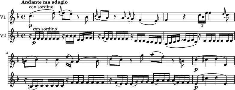 
<<
\new Staff \with { instrumentName = #"V1 "}  \relative c'' {
    \version "2.18.2"
    \key f \major 
    \tempo "Andante ma adagio"
    \tempo 4 = 50
    \time 4/4
    c4. \p ^\markup{con sordino} (f8) \grace g32 (f8) (e) r bes
    \grace c32 (bes8) (a) r a \grace a32 (g8) f4 (e8)
    f4 r \tuplet 3/2 {d'16 bes f'} f4 \grace e32 (d8)
    b (c) r c f16 (a,) a4 (b8)
    d (c) r g' a (f) r b,
    c4 \p ( cis d e,)
}
\new Staff \with { instrumentName = #"V2 "}  \relative c' {
    \key f \major 
    \clef "treble"
    \time 4/4
    \set Staff.midiMinimumVolume = #0.2 \set Staff.midiMaximumVolume = #0.4
  r16 f\p^ \markup {con sordino}  \repeat unfold 6 {f} r bes bes bes e, e g g
  r g (f) f f f f f r d d d c c bes bes
  a (bes c d ees d ees c) r \repeat unfold 7 {d}
  r b (c) c c c c c r \repeat unfold 7 {f}
  r f (e) e e (g) g g f (a) a a a (f) f f
  e4 \p ( cis' d e,)
}
>>
