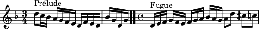 
\version "2.18.2"
\header {
  tagline = ##f
}
\score {
  \new Staff \with {
  }
<<
  \relative c'' {
    \key d \minor
    \time 3/4
	\set Staff.midiInstrument = #"harpsichord" 
    \override TupletBracket.bracket-visibility = ##f
     %% INCIPIT CBT II-6, BWV 875, ré mineur
     d8^\markup{Prélude} c16 bes a g f e d f e d | \once \override Staff.TimeSignature #'stencil = ##f \time 1/4 bes' g d g \bar ".."
     \time 4/4
     \omit TupletNumber \tuplet 3/2 { d16^\markup{Fugue}[ e f] } \tuplet 3/2 { g f e } \tuplet 3/2 { f[ g a] } \tuplet 3/2 { bes a g } a8 d cis[ c]
  }
>>
  \layout {
     \context { \Score \remove "Metronome_mark_engraver"
     \override SpacingSpanner.common-shortest-duration = #(ly:make-moment 1/2)
        }
  }
  \midi {}
}
