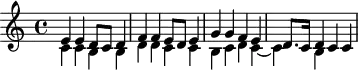 
\version "2.18.2"
\header {
  tagline = ##f
  % composer = "Johann Pachelbel"
  % opus = "Chaconne en ut majeur, P. 38"
  % meter = ""
}
\score {
<<
  \relative c' {
    %\clef bass
    \key c \major
    \time 4/4
    \override TupletBracket #'bracket-visibility = ##f 
     %s8*0^\markup{Aria}
     << { e4 e d8 c d4 | f f e8 d e4 | g g f e d8. c16 d4 c c } 
     \\ { c4 c b b | d d c c | b c d c~ | c b  } >>
  }
>>
  \layout {
     #(layout-set-staff-size 17)
     \context { \Score \remove "Metronome_mark_engraver" 
     \override SpacingSpanner.common-shortest-duration = #(ly:make-moment 1/2)
     }
  }
}
