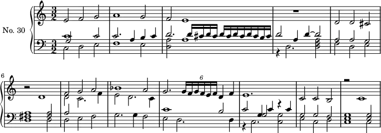 
\version "2.14.2"
\header {
  tagline = ##f
}
upper = \relative c' {
  \clef treble 
  \key c \major
  \time 3/2
  \tempo 2 = 72
  \set Staff.midiInstrument = #"harpsichord"
  e2 f g a1 g2 f e1 s2 r1
  d2 d cis r2 d1 
  << { f2 g a bes1 a2 g2.   \tempo 2 = 65 \times 4/6 { g16 f g f e f } \tempo 2 = 72 d4 f e1. c2 c b r2 c1 } \\ { d2 c2. f4 e2 d2. c4 } >>
}
lower = \relative c {
  \clef bass
  \key c \major
  \time 3/2
  \set Staff.midiInstrument = #"harpsichord"
   << { c'1 c2 c2. a4 b c d2. \repeat unfold 2 { d16 cis d cis } d cis b cis d2 a4 d4~ d2  } \\ { c,2 d e f1 e2 < a d, >2 a1 r4 d,2. < a' f d >2 } \\ { g2 } >>
  << { a2 a g  < a fis >1 < a fis >2 a2  } \\ { f2 d e d1 d2 d e f } >>
  g2. g4 f2 
  << { c'1 b2 c g4 c r4 c4 g2 g f < g e >1 < g e >2 } \\ { e2 d2. d4 r4 c2. < g' c, >2 e c d c1 c2 } \\ { s2*4 g'2 }  >>
}
\score {
  \new PianoStaff <<
    \set PianoStaff.instrumentName = #"No. 30"
    \new Staff = "upper" \upper
    \new Staff = "lower" \lower
  >>
  \layout {
    \context {
      \Score
      \remove "Metronome_mark_engraver"
    }
  }
  \midi { }
}
