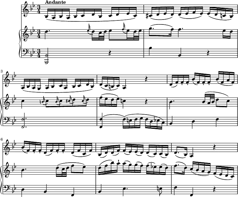 
\version "2.18.2"
\header {
  tagline = ##f
}
upper = \relative c' {
              \key bes \major
              \time 3/4
              \tempo "Andante"
              \tempo 4 = 50
         d'4. \grace ees32 (d16) c32 d ees 8 \grace f32 (ees16) d32 ees
         g8. (f16) f4. ees16 d
         c4 \grace b16 (c8) \grace b16 (c8) \grace cis16 (d8) \grace cis16 (d8)
         f16 (ees d ees) c!4 r
          bes4. bes16 (a32 bes d8 c)
          bes4. d16 (c32 d f8 ees)
          d16 (f bes) a-! a (g) g (f) f (ees!) ees (d)
          f8. (d16) c (bes a g) f (ees d c)
            }                 
lower = \relative c {
              \clef bass 
              \key bes \major
              \time 3/4
       <bes, bes'>2 r4 bes''4 bes, r
       <f f'>2. <f f'>4 ( f'16) (e f g f d ees c)
       bes4 d f d bes f bes ees4. e8
       f4 f, r
             }
vl = \relative c' {
            \key bes \major
            \time 3/4
            \set Staff.midiMinimumVolume = #0.2 \set Staff.midiMaximumVolume = #0.5
        bes16^\markup \bold {{"Andante"}} (a bes a bes c d bes c d ees c)
        cis (d ees d) d (ees f ees) ees (d c! bes)
        a16 (bes a g a bes c a bes c d bes)
        d (c b c) a4 r
        d16 (f) f-. f-. bes (f) f-. f-. bes (f a f)
        bes (f) f-. f-. d (f) f-. f-. d (f c f)
        bes, (d) d (f) f (ees) ees (d) d (c) c (bes)
        d8. (bes16) a4 r
                 }           
\score {
    \new GrandStaff <<
   \new PianoStaff <<  
    \new Staff = "upper" \upper
    \new Staff = "lower" \lower
  >>
   \new Staff = "vl" \vl
    >>
    \layout {
    \context {
      \Score
      \remove "Metronome_mark_engraver"
    }
  }
  \midi { }
}
