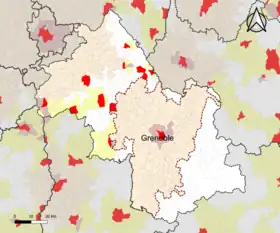 Localisation de l'aire d'attraction de Grenoble dans le département de l'Isère.